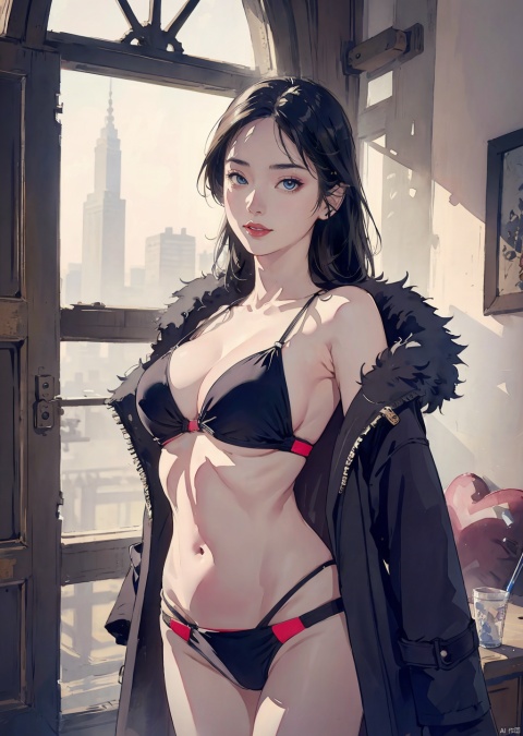  masterpiece,best quality,absurdres,highres,4k,ray tracing,perfect face,perfect eyes,intricate details,highly detailed, looking at viewer,sexy pose,(cowboy shot:1.2), , black bikini,heart, coat, Light master, watercolor