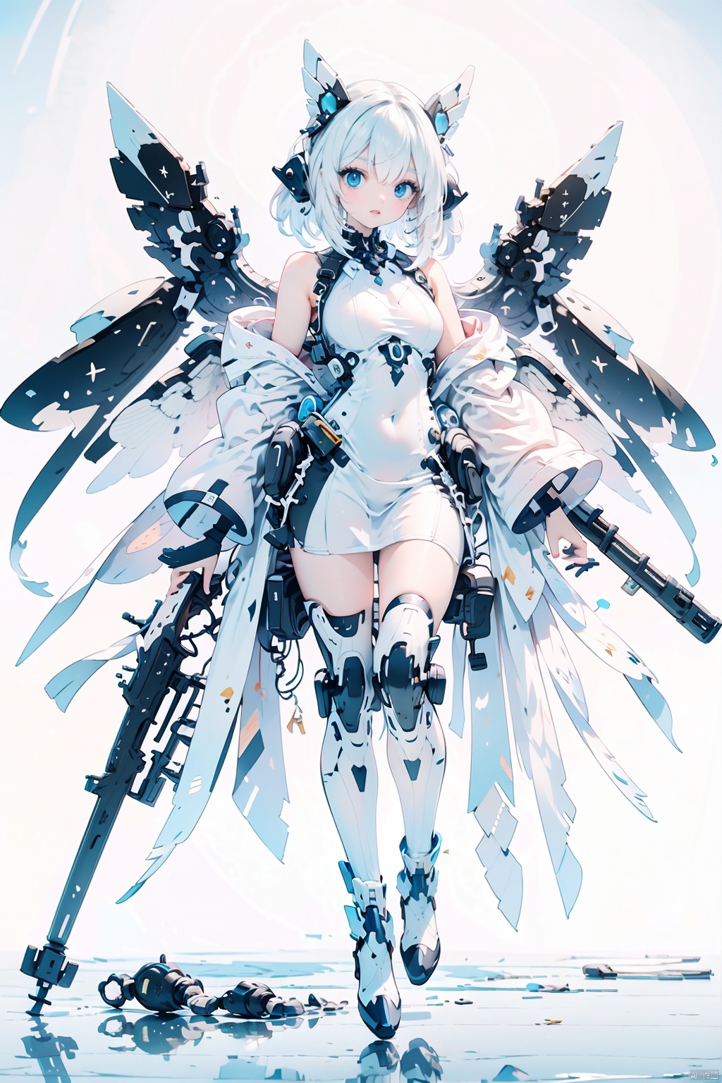  The image depicts a robot girl with white hair and blue eyes, dressed in a white dress and black boots. she has two mecha white wings with a giant fan on each wing. She is standing in a blue splash and carrying a sword on her right and a gun on her left., baimecha, machinery