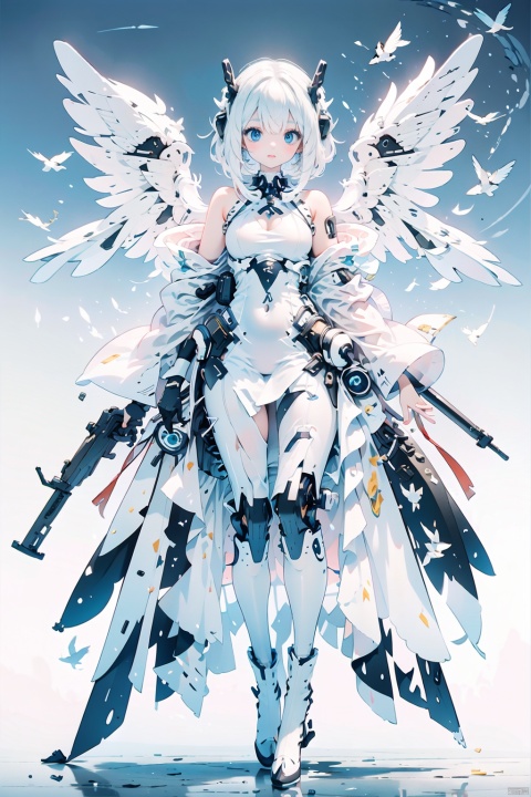  The image depicts a robot girl with white hair and blue eyes, dressed in a white dress and black boots. she has two mecha white wings with a giant fan on each wing. She is standing in a blue splash and carrying a sword on her right and a gun on her left., baimecha, machinery