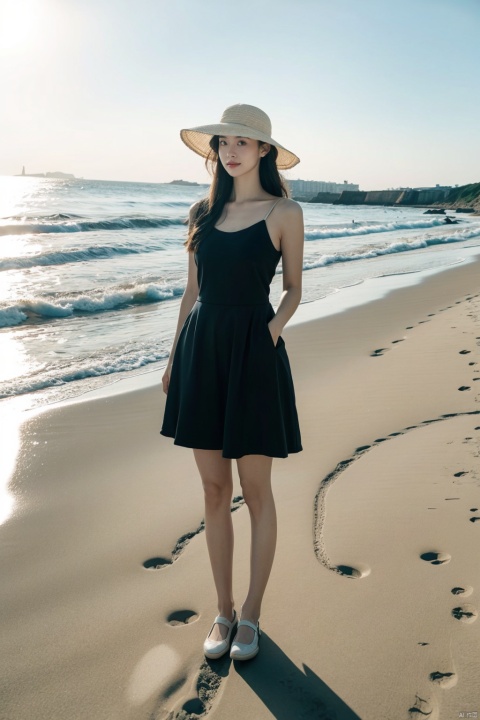  1 girl, full body photo, at the seaside, wearing a sun hat, photographic texture, realistic