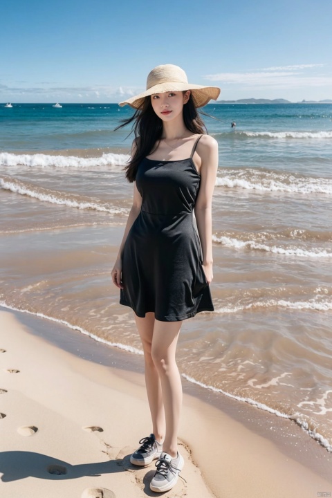  1 girl, full body photo, at the seaside, wearing a sun hat, photographic texture, realistic, 