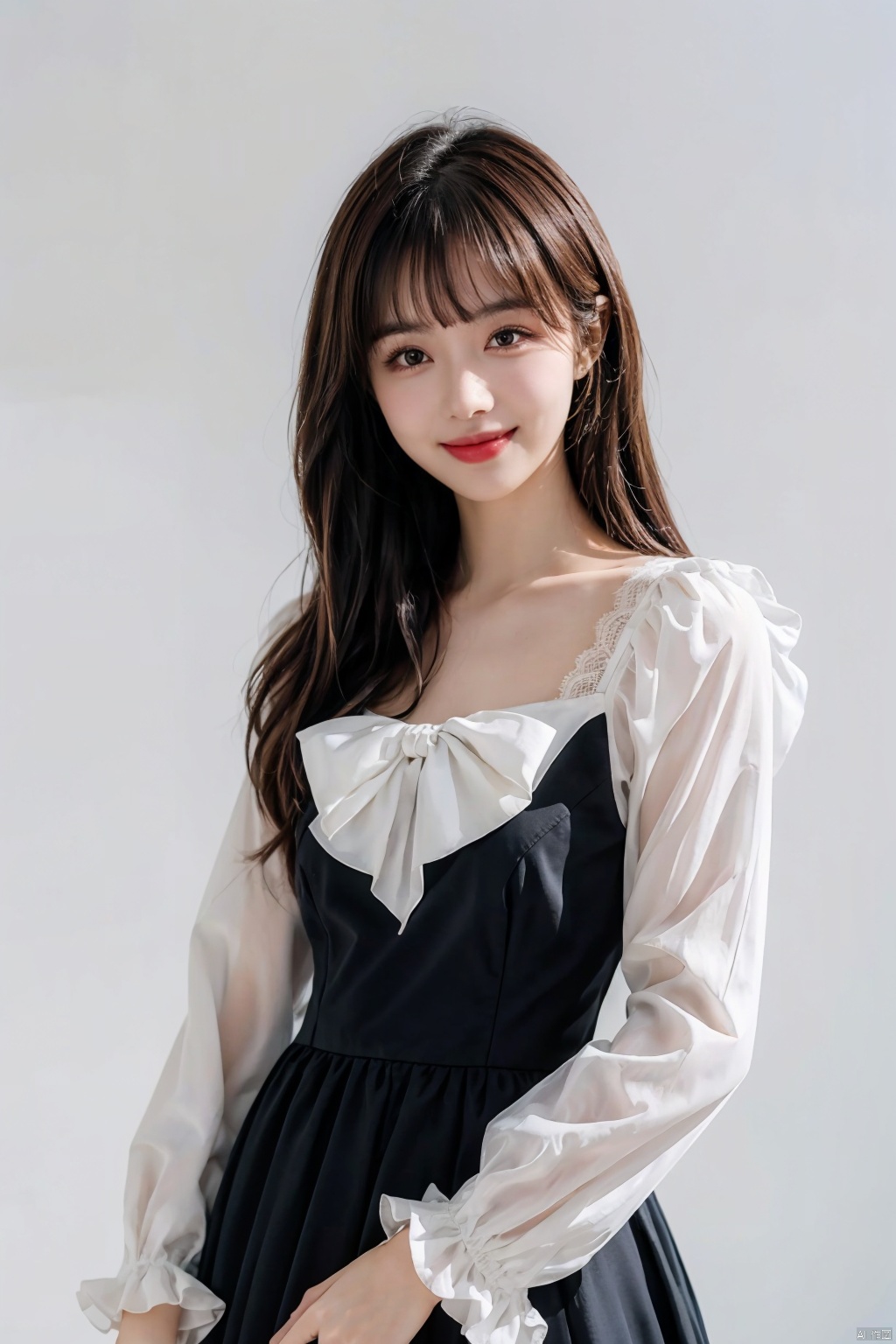  best quality, masterpiece, photorealistic, realistic, 1girl, solo, long black hair, straight hair, blunt bangs, looking at viewer, smile, cowboy shot, standing, cyb dress, frills, frilled dress, long sleeves, bow, lace, simple background, , depth of field