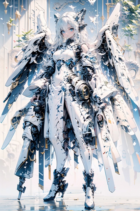  The image depicts a robot girl with white hair and blue eyes, dressed in a white dress and black boots. she has two mecha white wings with a giant fan on each wing. She is standing in a blue splash and carrying a sword on her right and a gun on her left., baimecha, machinery