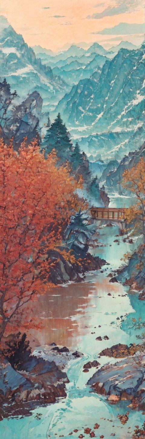  Fan kuan's painting "Xi Shan Xing Lv Tu" depicts a landscape in the style of the Song Dynasty, winter,heavy snow,using meticulous brushwork combined with a touch of freehand brushwork. Among the layered mountains and peaks, pine trees grow, and there is a light green lake with a mirror-like surface. A stone bridge with a pavilion connects two mountains. In the distance, there are continuous far-off mountains and a pale blue sky ((without any clouds)), The setting sun hangs in the sky, creating a captivating scene,claborate-style painting,pixel world,a photoofshanshuibyjinliang,zydink,山水