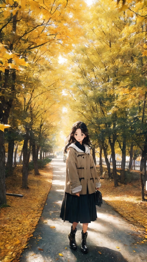  1girl, autumn yellow leaves