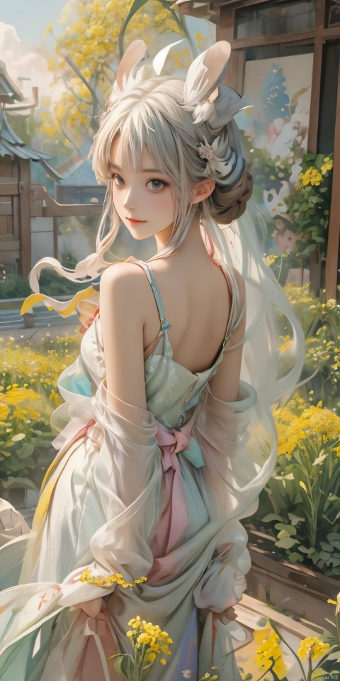  A sexy beauty mecha with a bun, half-body portrait, standing in a sea of rapeseed flowers, charming eyes, sweet smile, surrounded by blooming yellow rapeseed flowers, forming a beautiful picture, high quality picture, full HD picture, 8K resolution, photorealistic, intricate details, sharp focus, vibrant colors, trending on ArtStation, trending on, Studio Ghibli, heart professional majestic oil painting, popular on DeviantArt, concept art, artwork, lvshui-green dress, Light master, (\meng ze\), watercolor \(medium\), 1 girl, mechangel