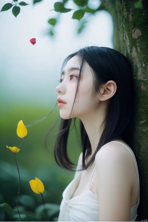  1girl,upper body,solo,melancholic,melancholy,nostalgic,a sense of solitude,petals,Surrealistic imagery,dreamlike atmosphere,vibrant and contrasting colors,intricate and detailed elements,outdoors,