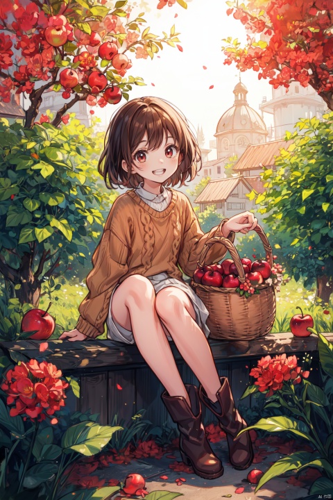  A young girl, embracing a basket of freshly picked apples, under a blossoming cherry tree in autumn, surrounded by fallen leaves in shades of red and gold, wearing an oversized woolen sweater, ankle boots, with rosy cheeks and a joyful grin, sunshine filtering through the colorful foliage casting dappled light upon her, against a backdrop of a charming countryside orchard., ((poakl))