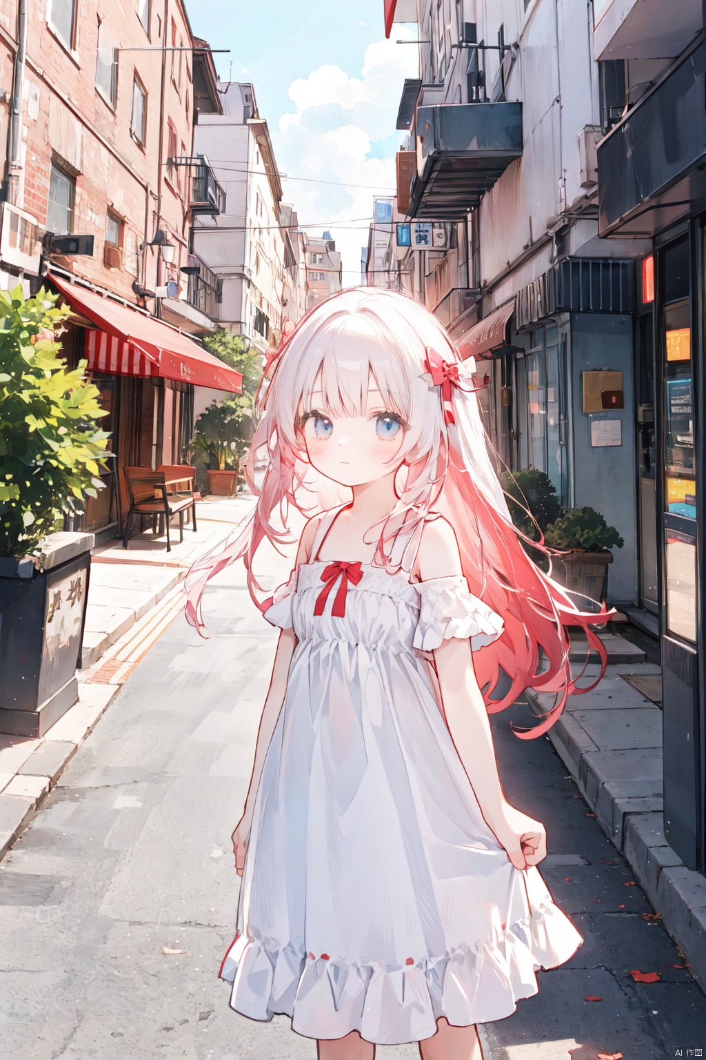  A petite, young girl with long red hair and a white dress walks on the gray street under the glow of the street lamps. As she looks up at the camera, her gaze reflects the light, creating a gentle glow that captivates the audience.