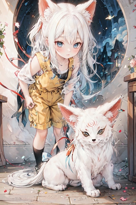 The image is an illustration depicting a white fox and a small boy. From a lighting perspective, the distribution of light is even, with适度的明暗对比, allowing the outline of the white fox and the boy to be clearly seen. In terms of color, the overall color is dominated by white and brown, giving a warm and comfortable feeling. In terms of style, the painting employs the realistic painting technique, making every detail of the image come alive.

In terms of quality, the lines are delicate, the colors are饱满, and the details are handled with care, indicating the画家's high level of skill. The portrayal of the boy in the picture is particularly well done, with the boy dressed in yellow shorts and a green vest, holding a yellow string that is tied to a red bell, making the scene more lively and interesting.

From a style perspective, the style of the picture leans towards fairy tale and fantasy, giving a mysterious and dreamlike feeling. The white fox's eyes seem to be looking at the boy, giving a warm and friendly feeling, while the boy's eyes are filled with curiosity and anticipation, giving a lively and开朗的感觉.

Overall, the picture's lighting, color, style, quality, and portrayal of characters, objects, clothing, actions, expressions, and psychological states are all handled well, making it an excellent illustration.