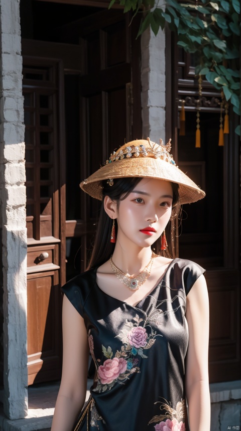  A woman wearing a hat and a beaded necklace stands in front of a building with a tree as the background, Ding Guanpeng, Fuquan, Portrait, Cloisonne