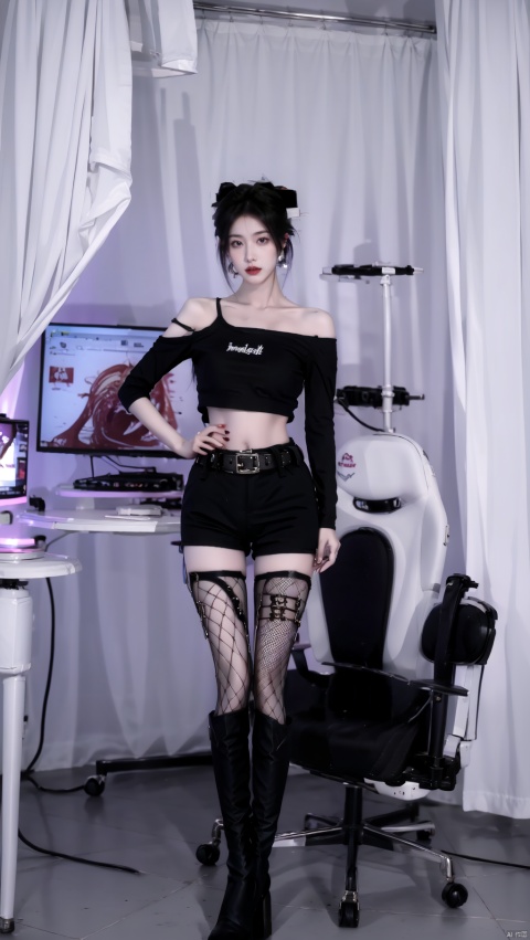  1girl, solo, navel, midriff, belt, pants, boots, looking at viewer, full body, jewelry, standing, earrings, multicolored hair, off shoulder, black hair, nail polish, crop top, black footwear, fishnets, bare shoulders, shorts,sit