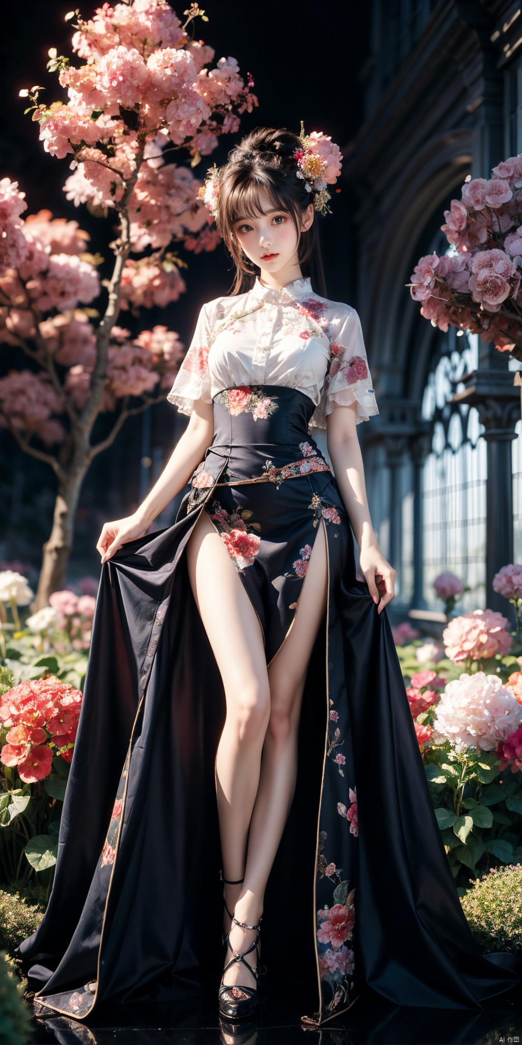  (Masterpiece, Top Quality, Best Quality, Official Art, Beauty and Aesthetics: 1.2), (1 Girl), Full Body Photo, Extreme Detail, (Fractal Art: 1.3), Colorful, Flowers, Highest Detail, Glow, Skirt, Shirt, Thighs, zycpp
