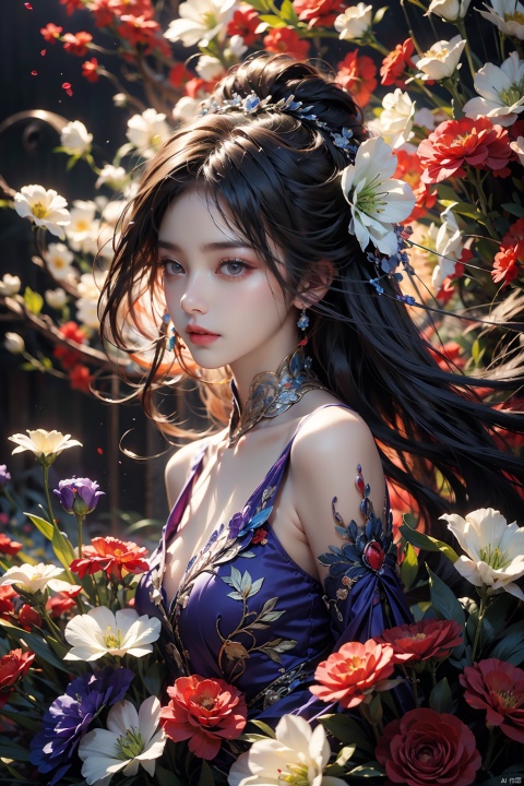  1girl, long hair, flower, Lisianthus, in the style of red and light azure, dreamy and romantic compositions, red, ethereal foliage, playful arrangements, fantasy, high contrast, ink strokes, explosions, over exposure, purple and red tone impression, abstract, whole body capture,
, 1girl
