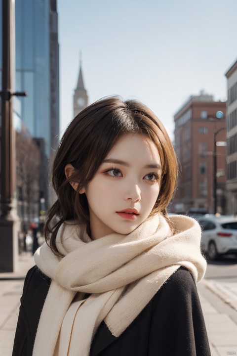  A woman wrapped in a cream-colored scarf, with a black coat draped over her shoulders. Her gaze is pensive, her blonde hair tousled by the wind, and her lips painted a bold red, against an urban backdrop., masterpiece,best quality, depth of field