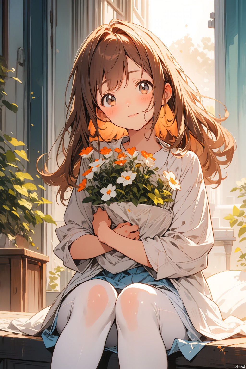  A cute young Cupid woman with curly reddish brown hair., white pantyhose, watercolor, cozy anime