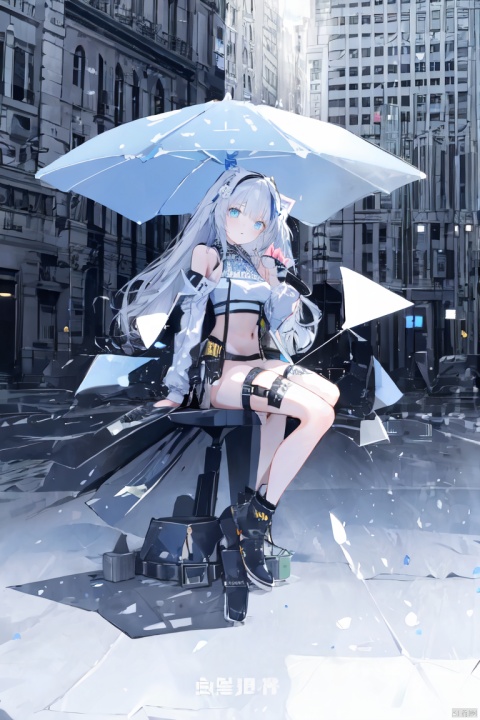  1girl, black_headwear, black_umbrella, blonde_hair, blue_eyes, blue_umbrella, boots, cape, flower, full_body, hair_ornament, hat, holding, holding_umbrella, jacket, lily_\(flower\), long_hair, long_sleeves, looking_at_viewer, mini_hat, mini_top_hat, oil-paper_umbrella, parasol, red_umbrella, shared_umbrella, sitting, solo, thigh_strap, top_hat, umbrella, white_flower, white_umbrella