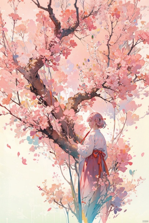  TT,flower,1girl,pink hair,pink flower,tree,ribbon,wide shot,leaf,cloud,red ribbon,gradient,cherry blossoms,gradient background,shorthair,branch,colors,迪士尼, ( figma:0.8)