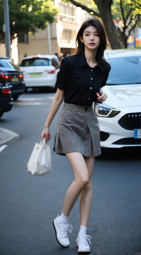  Best Quality, masterpiece, 16K, JK, uniform, 1 girl, walk in the street, hold bag,(beautiful face:1.4)