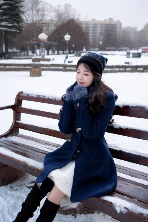  1girl, winter coat, fur-trimmed hood, knitted scarf, mittens, knee-high boots, snow-covered park bench, long curly hair, rosy cheeks, warm smile, hot cocoa in hand, snowflakes falling gently, blue pea coat, woolen beanie, steam from breath, picturesque snowy landscape, ((poakl)),(8k, RAW Photo, Best Quality, Masterpiece: 1.2), (Photorealistic, Photorealistic).