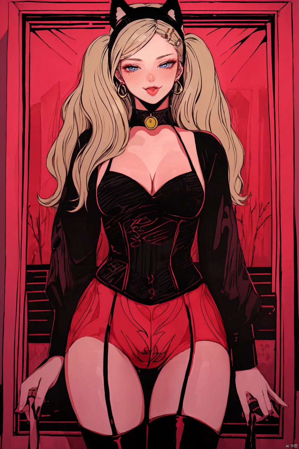  8k, masterpiece, best quality, highly detailed, 1 girl, solo, corset, no pants, thong panties, fishnets, {(high contrast), (highsaturation), red black theme, (red black white tone)}, {(woodcut:1.4), flat color, doodle}.
blonde hair,blue eyes, crimson lips,alluring makeup,earrings, a nevus near right eye, 
ogling at viewer, blushing, {(Flirting naughty face, blonde hair,blue eyes, crimson lips,alluring makeup, earrings,
ogling at viewer, blushing, {(Flirting naughty face, (wink:1.5),(cat ears, tongue out, detailed tongue:1.4)), (sexual suggestion expression, messy bangs, (blushing with desire:1.3), flirtatious glance(eyes brimming with allure:1.2))},
long hair,{twintails,(low twintail)},hair ornament, hairclip, punk, smooth lines, (one hand flipped back hair), sexy body, {(large breasts, slim waist, outward-curving hips:1.2),(plump thighs, slim calves)}, ((noticeable thigh_gap:1.1), cameltoe), attractive cleavage, {black thigh-high stockings,(digging into thigh flesh)}, feet wearing high heels or in stockings.
(cowboy shot:1.7), {(from below),(Wariza)}, Shifengji, flat, many Heart-shaped bubbles ＆ many ❤❤❤, anime