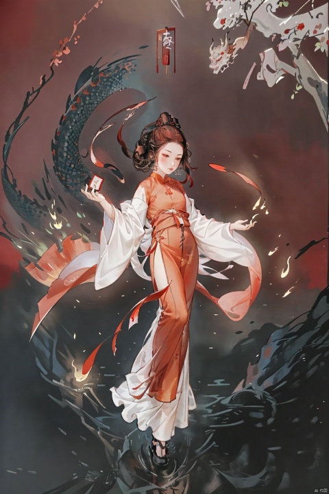  1girl,dragon,kp,red background,chinese clothes,chinese new year,red theme,full body,