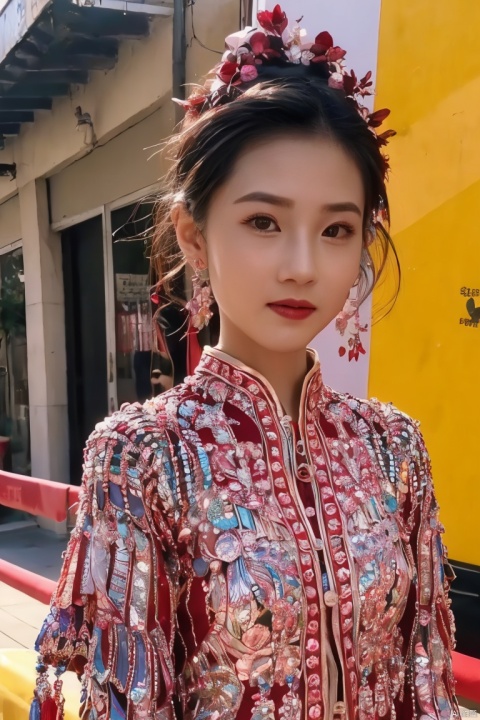  Surrealist beauty photo, a beautiful woman wearing complex and detailed colored clothes and future jewelry, low cut., jiaxin