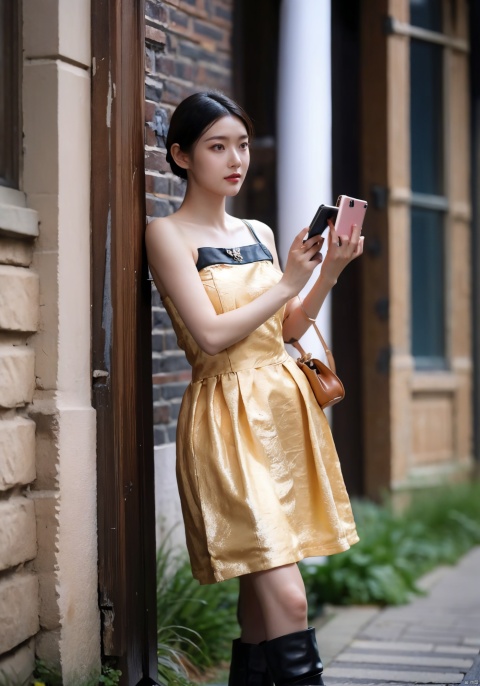  The image features a woman standing on the sidewalk, leaning against a wall. She is wearing a tan dress that fits her body like a glove, showcasing her curves. The dress is a tight-fitting midi dress, emphasizing her legs in black boots.
The woman carries a stylish bag, adding to her overall sophisticated appearance. She is holding a smartphone in her hand, possibly checking messages or browsing social media. Her posture and expression suggest a sense of confidence and elegance.
The background of the image is a building, with the woman standing out as the main focus. The light in the scene seems to be natural, casting a warm glow on the woman and her surroundings. Overall, the image captures the essence of a stylish and confident woman in modern urban setting., , close_up