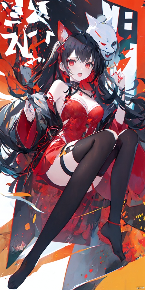  1girl, solo, long hair, breasts, looking at viewer, bangs, black hair, red eyes, dress, ribbon, cleavage, bare shoulders, twintails, medium breasts, very long hair, hair ribbon, thighs, red hair, multicolored hair, barefoot, sleeveless, choker, indoors, blunt bangs, nail polish, blurry, red ribbon, sash, bare arms, bell, tattoo, gradient hair, makeup, thigh strap, mask, sleeveless dress, facial mark, chinese clothes, obi, red dress, jingle bell, red nails, pelvic curtain, o-ring, mask on head, fox mask