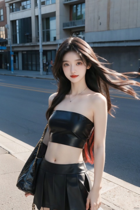  masterpiece,8K,best quality,1girl,smile,navel,long hair,breasts,solo,looking at viewer,midriff,realistic,blurry background,blurry,medium breasts,tank top,pencil_skirt,teeth,crop top,brown eyes,red lips,black hair,long hair,massive hair,light behind hair,hair in front,her hair rested on her shoulders,sun behind,slim hip,float hair,floating hair,flying hair,hair blown by the wind,white clouds behind,the broken hair in the front,messy shaggy hair,dust blown by the wind,mist in front,best quality,ultra high res,ice magic,light particles,sparkle,backlighting,loli,little girl,(child:0.5),13yo,rubber mesh clothes,(black and vibrant ruby red color),art by agnes cecile and agostino arrivabene and alberto dros,drawing,freeform,swirling patterns,doodle art style,little girl,black miniskirt,Leather clothes,Strapless, 1 girl