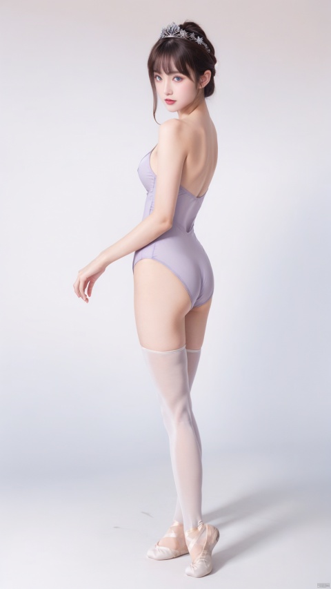  1girl, tutu, ballerina, solo, breasts, ballet slippers, brown hair, ballet, crown, athletic leotard, looking at viewer, leotard, bare shoulders, collarbone, full body, arched back, see-through, cleavage, mini crown, bangs, small breasts, dress, hair ornament, one side up, blue eyes, simple background, purple eyes, long hair,moyou