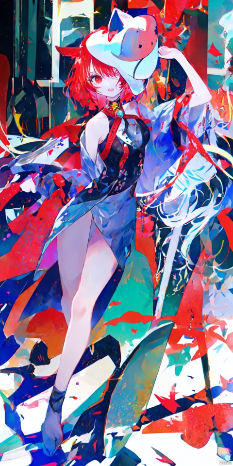  1girl, solo, long hair, breasts, looking at viewer, bangs, black hair, red eyes, dress, ribbon, cleavage, bare shoulders, twintails, medium breasts, very long hair, hair ribbon, thighs, red hair, multicolored hair, barefoot, sleeveless, choker, indoors, blunt bangs, nail polish, blurry, red ribbon, sash, bare arms, bell, tattoo, gradient hair, makeup, thigh strap, mask, sleeveless dress, facial mark, chinese clothes, obi, red dress, jingle bell, red nails, pelvic curtain, o-ring, mask on head, fox mask