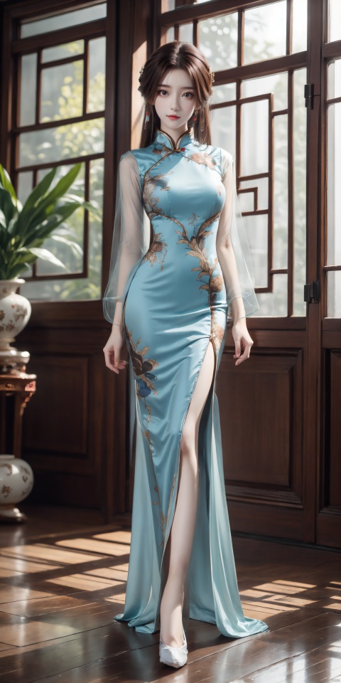  1girl, solo, brown hair, dress, brown eyes, standing, full body, indoors, window, chinese clothes, short dress, china dress