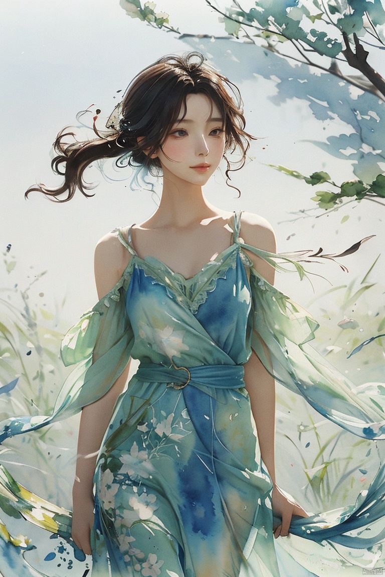  An illustration of a girl painted on paper, combining the vibrant colors of watercolor with the elegance of ink wash painting. The art form takes inspiration from the whimsical charm of manga, infusing it with the organic flow of watercolor pigments. Created with brushes and ink, the image showcases the beauty of fluid lines and translucent hues. The focus is on the girl's graceful posture and expressive features, capturing her personality with a combination of delicate ink details and vibrant watercolor washes. The overall image exudes a captivating blend of manga and watercolor aesthetics, plns