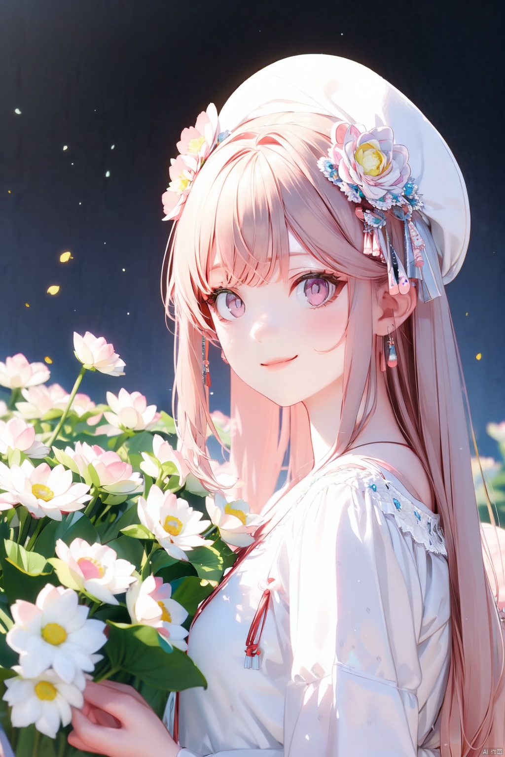  1girl, artist_name, bangs, closed_mouth, flower, gradient, gradient_background, hair_flower, hair_ornament, light_particles, long_hair, looking_at_viewer, pink_eyes, pink_hair, ribbon, sidelocks, smile, solo, upper_body, white_background, white_flower, white_headwear