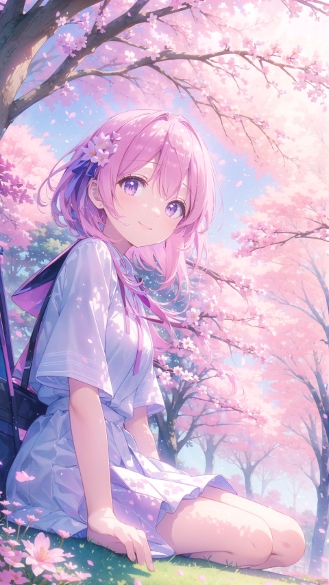  ((masterpiece, best quality)),girl, solo, looking at viewer, blush, smile, 1girl,[sitting under the sakura tree,knee up], (from below,wide shot,mid shot,full body,panorama,depth of field),(looking up),(pink petals,tyndall effect,English text)
（（game cg style））,(masterpiece),(best quality),illustration,ultra detailed,hdr,Depth of field,(colorful)nes, purple theme, watercolor \(medium\), mahiro