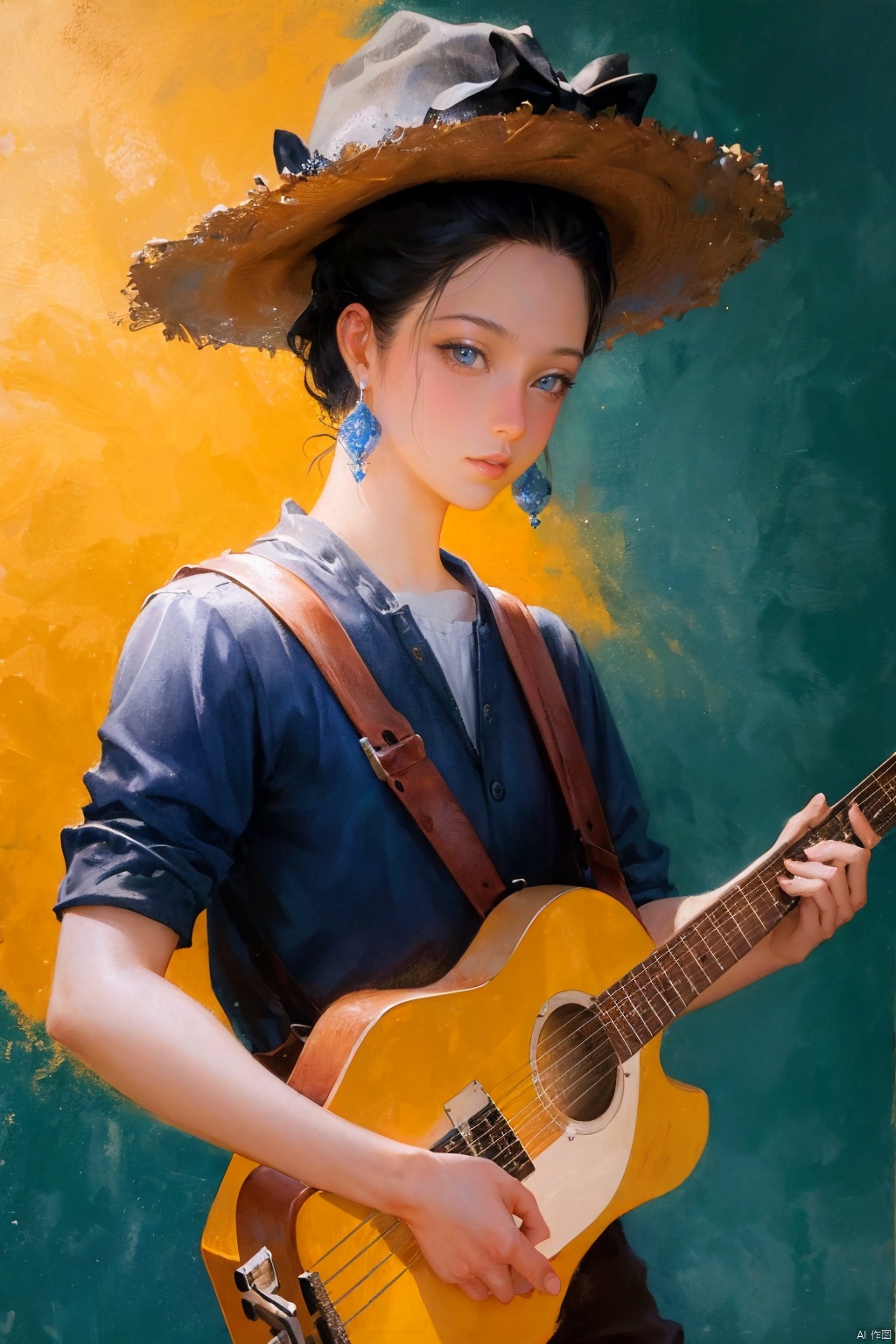  A person wearing a Memphis style outfit, with a large hat and holding a guitar, standing in front of a brightly colored geometric background. The face is relaxed and happy, surrounded by colorful balls of various colors. High resolution image, trending on ArtStation, trending on CGSociety, Intricate, High Detail, Sharp focus, dramatic, photorealistic painting art by midjourney and greg rutkowski.