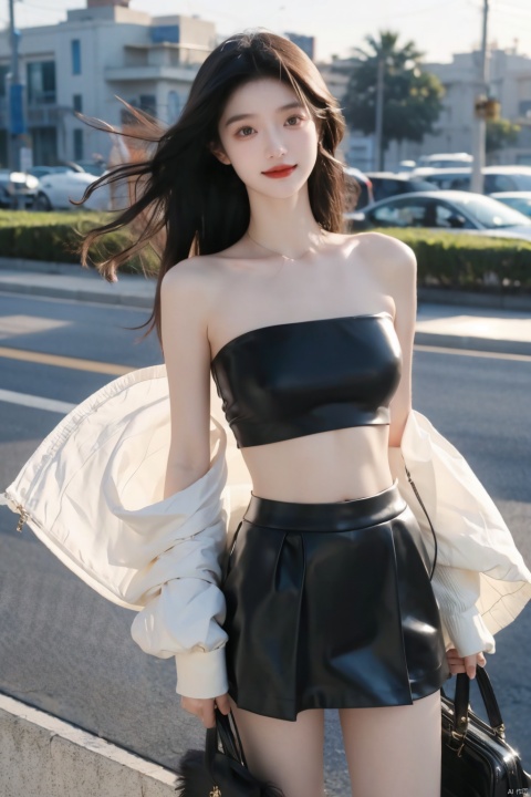  masterpiece,8K,best quality,1girl,smile,navel,long hair,breasts,solo,looking at viewer,midriff,realistic,blurry background,blurry,medium breasts,tank top,pencil_skirt,teeth,crop top,brown eyes,red lips,black hair,long hair,massive hair,light behind hair,hair in front,her hair rested on her shoulders,sun behind,slim hip,float hair,floating hair,flying hair,hair blown by the wind,white clouds behind,the broken hair in the front,messy shaggy hair,dust blown by the wind,mist in front,best quality,ultra high res,ice magic,light particles,sparkle,backlighting,loli,little girl,(child:0.5),13yo,rubber mesh clothes,(black and vibrant ruby red color),art by agnes cecile and agostino arrivabene and alberto dros,drawing,freeform,swirling patterns,doodle art style,little girl,black miniskirt,Leather clothes,Strapless, 1 girl