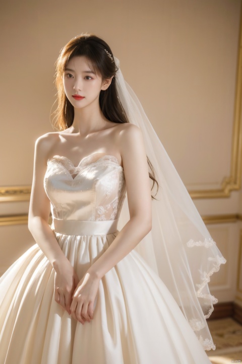  1 girl, best quality, masterpiece, (photorealistic:1),ultra high res,highres,, illustration. media, delicate,8k wallpaper,soft light,official art, (realistic:1.2),
masterpiece,best quality,(ray tracing),
palace, White wedding dress,