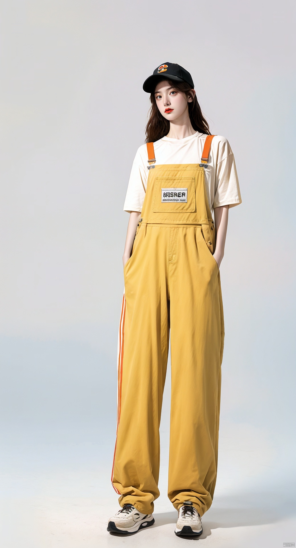  best quality, masterpiece, (photorealistic:1.2). 35mm photograph, professional, 4k, highly detailedhezi, (photostudio:1.2),(Studio shoot:1.3)overalls/,jumpsuit allieb, in the style of light beige and orange, environmental activism, hallyu, coastal scenery, womancore, thick paint, bold outline,overalls, realistic, hat, brown hair, sneakers, baseball cap, hands in pockets, shoes, white background,precise detailing, vibrant color blocks, washed-out, hallyu, iconi, 1girl, hezi, jujingyi