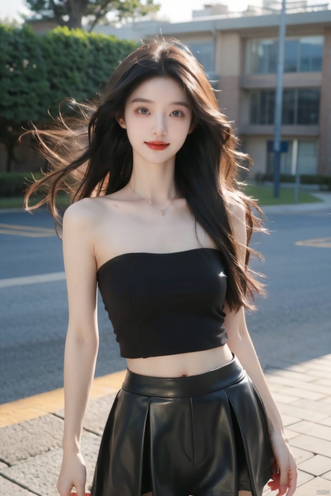  masterpiece,8K,best quality,1girl,smile,navel,long hair,breasts,solo,looking at viewer,midriff,realistic,blurry background,blurry,medium breasts,tank top,pencil_skirt,teeth,crop top,brown eyes,red lips,black hair,long hair,massive hair,light behind hair,hair in front,her hair rested on her shoulders,sun behind,slim hip,float hair,floating hair,flying hair,hair blown by the wind,white clouds behind,the broken hair in the front,messy shaggy hair,dust blown by the wind,mist in front,best quality,ultra high res,ice magic,light particles,sparkle,backlighting,loli,little girl,(child:0.5),13yo,rubber mesh clothes,(black and vibrant ruby red color),art by agnes cecile and agostino arrivabene and alberto dros,drawing,freeform,swirling patterns,doodle art style,little girl,black miniskirt,Leather clothes,Strapless, 1 girl