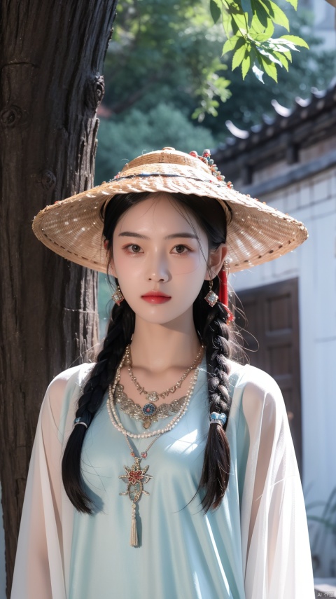  A woman wearing a hat and a beaded necklace stands in front of a building with a tree as the background, Ding Guanpeng, Fuquan, Portrait, Cloisonne