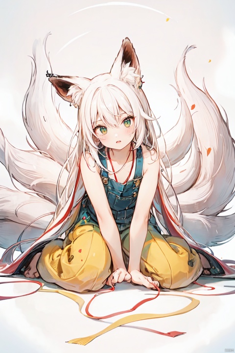 The image is an illustration depicting a white fox and a small boy. From a lighting perspective, the distribution of light is even, with适度的明暗对比, allowing the outline of the white fox and the boy to be clearly seen. In terms of color, the overall color is dominated by white and brown, giving a warm and comfortable feeling. In terms of style, the painting employs the realistic painting technique, making every detail of the image come alive.

In terms of quality, the lines are delicate, the colors are饱满, and the details are handled with care, indicating the画家's high level of skill. The portrayal of the boy in the picture is particularly well done, with the boy dressed in yellow shorts and a green vest, holding a yellow string that is tied to a red bell, making the scene more lively and interesting.

From a style perspective, the style of the picture leans towards fairy tale and fantasy, giving a mysterious and dreamlike feeling. The white fox's eyes seem to be looking at the boy, giving a warm and friendly feeling, while the boy's eyes are filled with curiosity and anticipation, giving a lively and开朗的感觉.

Overall, the picture's lighting, color, style, quality, and portrayal of characters, objects, clothing, actions, expressions, and psychological states are all handled well, making it an excellent illustration.