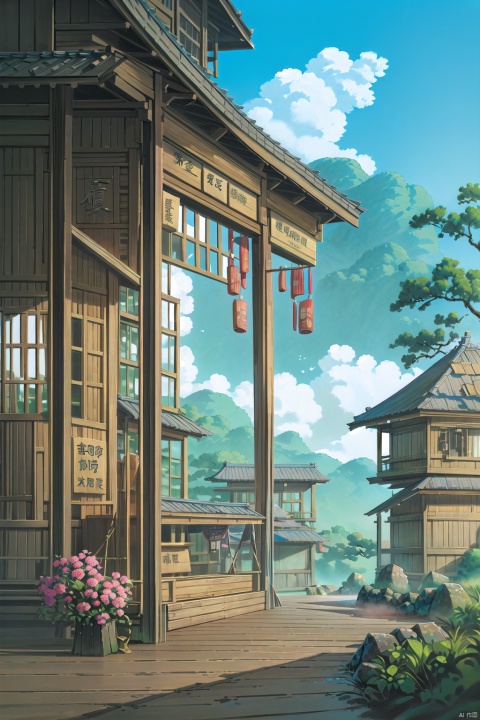 best quality,masterpiece,sculpture,wonderland,,chinese fairy tales,an old man,boiling tea,drink tea,a painting of history floating and curved in the background,mountain,white cloud,chinese style courtyard,pavilion,chinese tea mountains,, Chinese architecture, trees,,white hair , Rock buildings