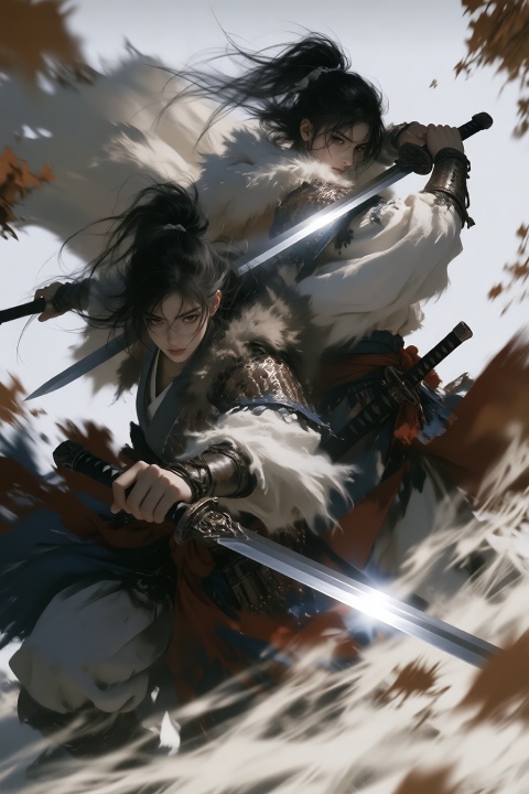 two warriors back to back in battle stance, weapons crossed, clothes whipping in the wind, debris and leaves swirling around them, one lunging low and the other swinging high,yijing ink style,