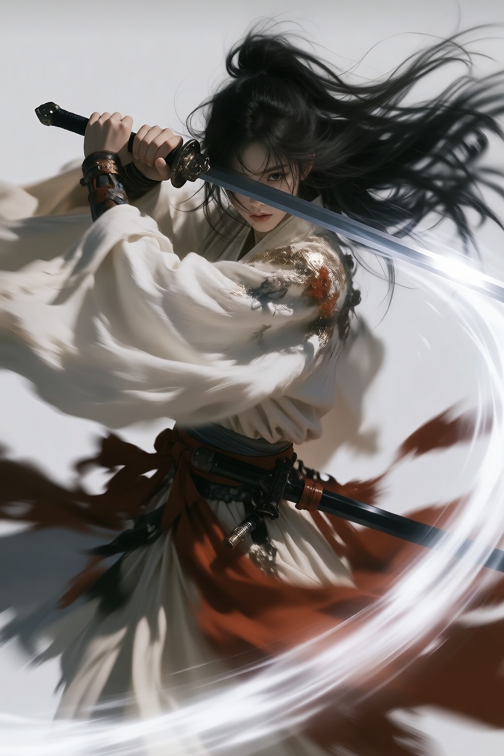candid action shot of a swordsman spinning around,  long hair caught mid-swing in a blurred arc,  robes frozen mid-flap by...