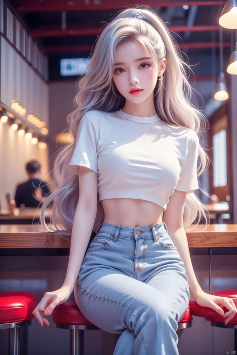 masterpiece,best quality,Very detailed CG uniform 8k wallpaper,face light,movie lights,1 girl,16 years old,long white hair,((dynamic pose))),((sexy pose))),(cameltoe),(pantyhose),(Knit cropped top:1.4),(High-waisted flared jeans:1.3),(Platform sandals:1.2),(Retro diner background:1.4), loli