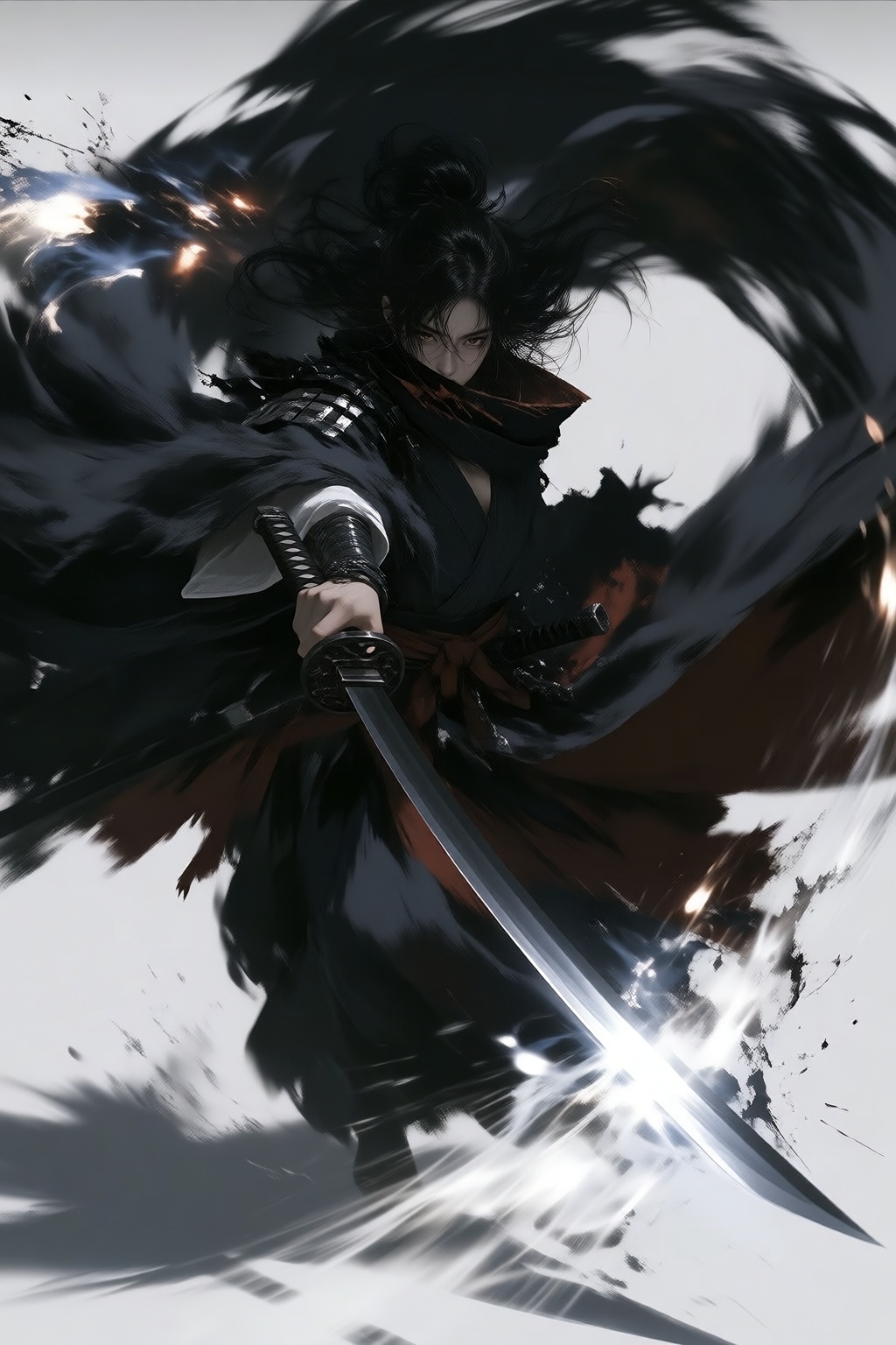 low angle action shot of a warrior in black robe executing a spinning slash,  katana extended at full reach,  cloak billow...