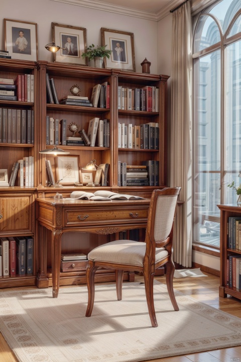  Ultra-realistic 8k CG,masterpiece,best quality,Highly detailed,Professional,extreme detaildescription,indoors,frame,table,chair,bookcase,,,bookshelf,book,desk lamp,