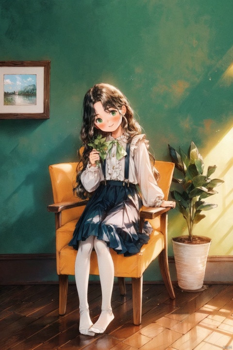  1girl, solo, pantyhose, green eyes, white pantyhose, center frills, long hair, long sleeves, frills, bow, no shoes, sitting, shirt, hair between eyes, skirt, white shirt, smile, chair, bangs, hair bow, looking at viewer, very long hair, closed mouth, blush, frilled skirt, on chair, sleeves past wrists, full body, indoors, black skirt, suspender skirt, green theme, green bow, white bow, feet, plant, white hair, puffy long sleeves, day, suspenders,pantyhose, backlight,